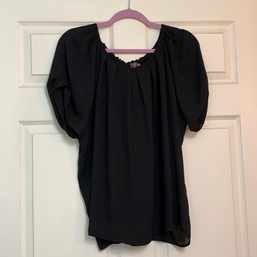 Black flowy blouse, satin tie in back